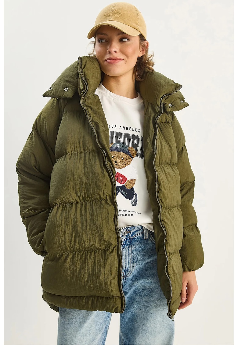 Geaca puffer HiCCUP supradimensionata cu gluga - verde - textil
