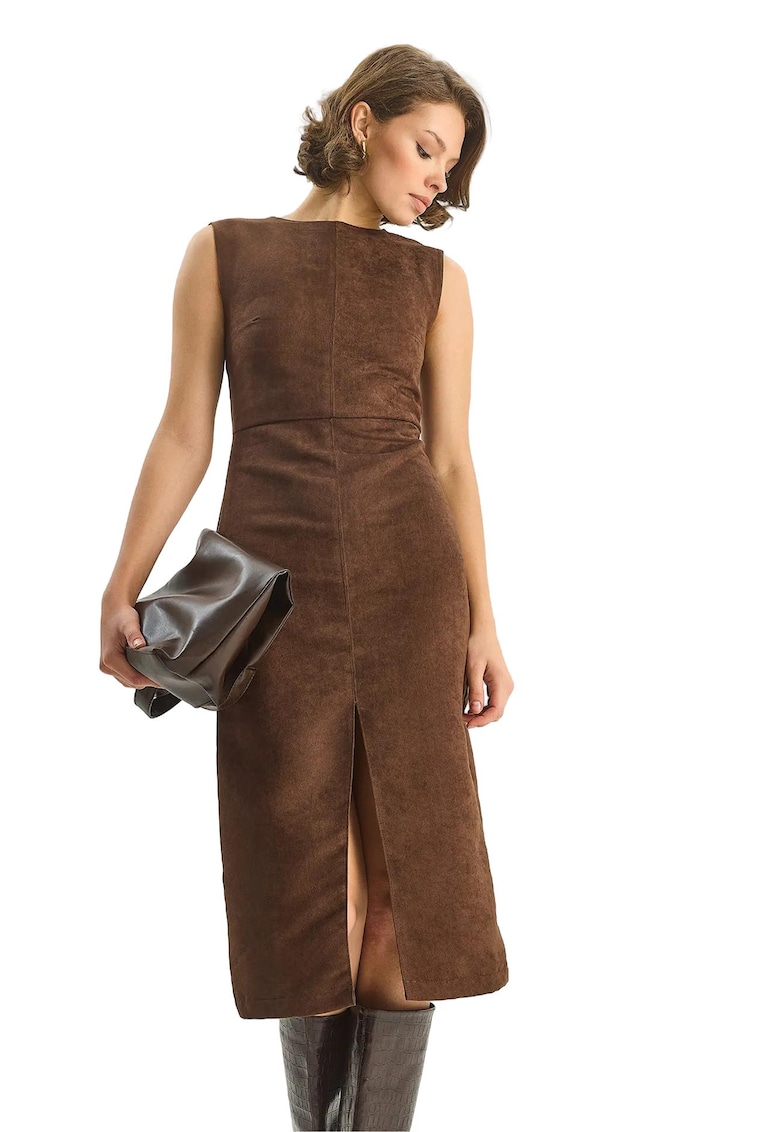 Rochie midi HiCCUP - imitatie de piele intoarsa - maro - jerseu