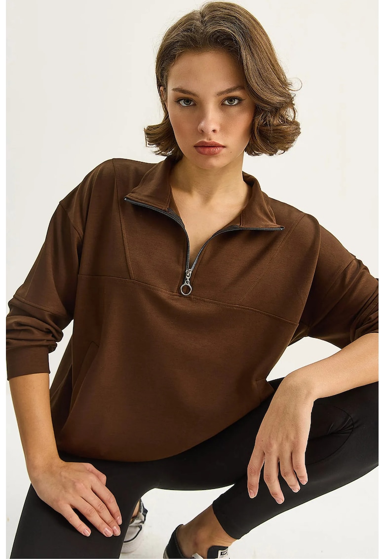 Bluza dama - HiCCUP - tricotat cu guler cu fermoar - Relaxed Fit - maro moca inchis - textil
