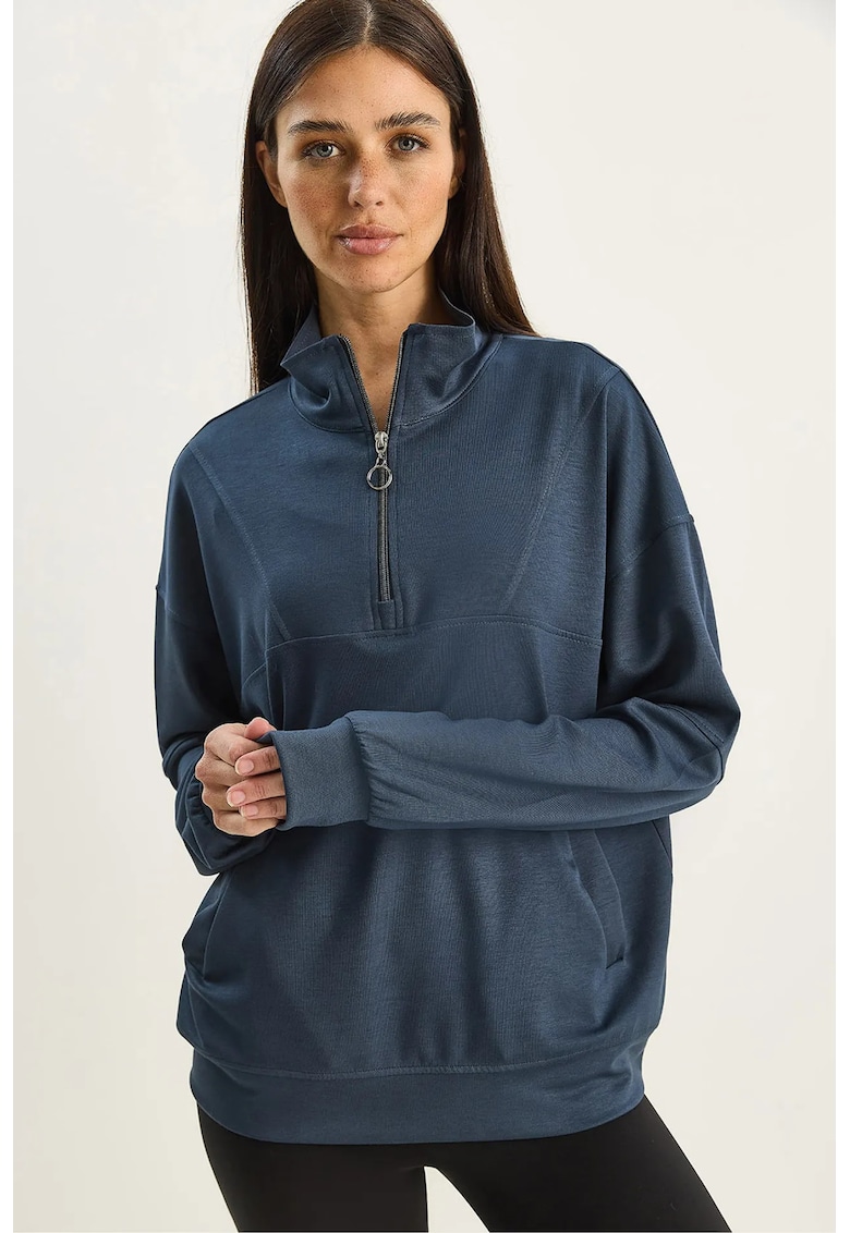 Bluza dama HiCCUP Relaxed Fit - guler cu fermoar - gri inchis - textil