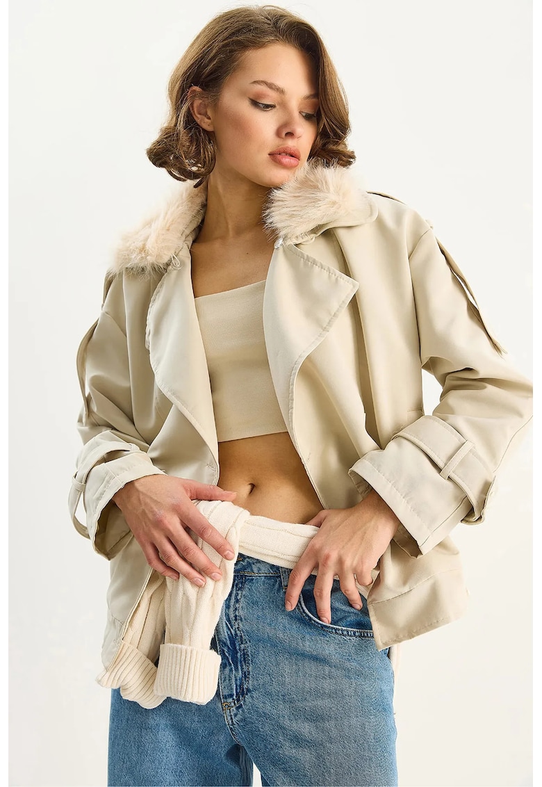 dama HiCCUP - trenci cu guler din blana artificiala - bej - textil