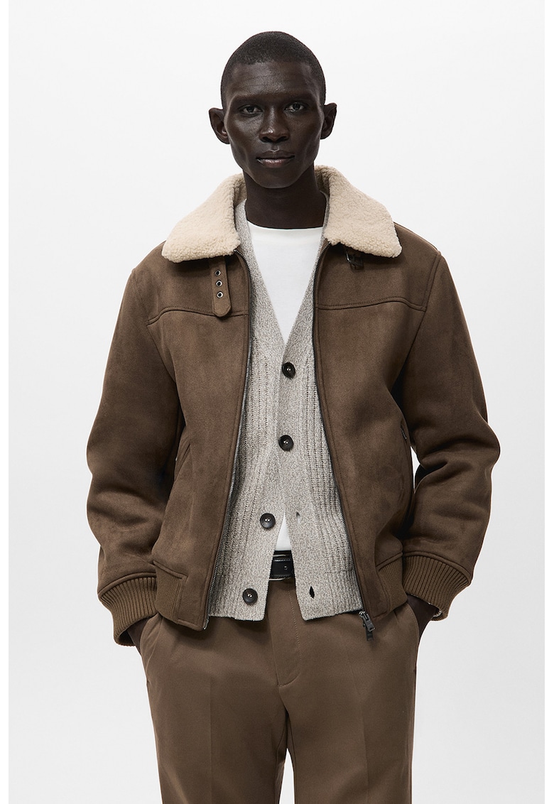 Jacheta din piele intoarsa shearling sintetica cu buzunare cu fermoar - Caramel