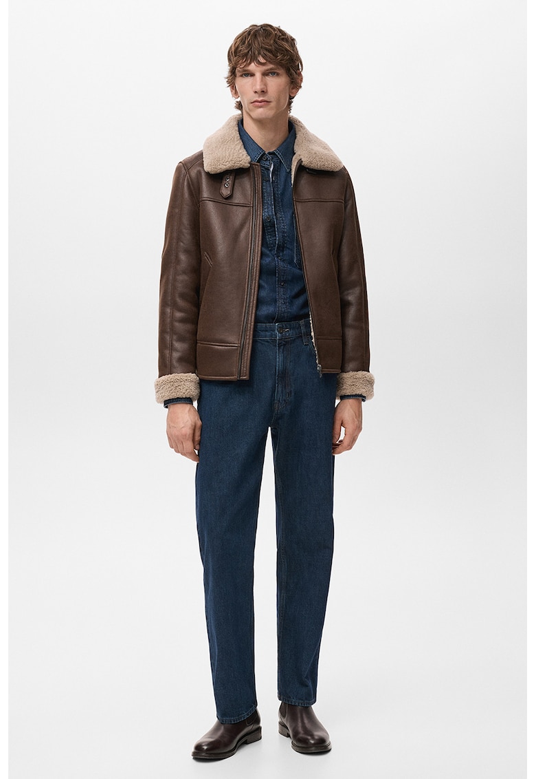 Jacheta din piele shearling sintetica cu fermoar - Maro scortisoara