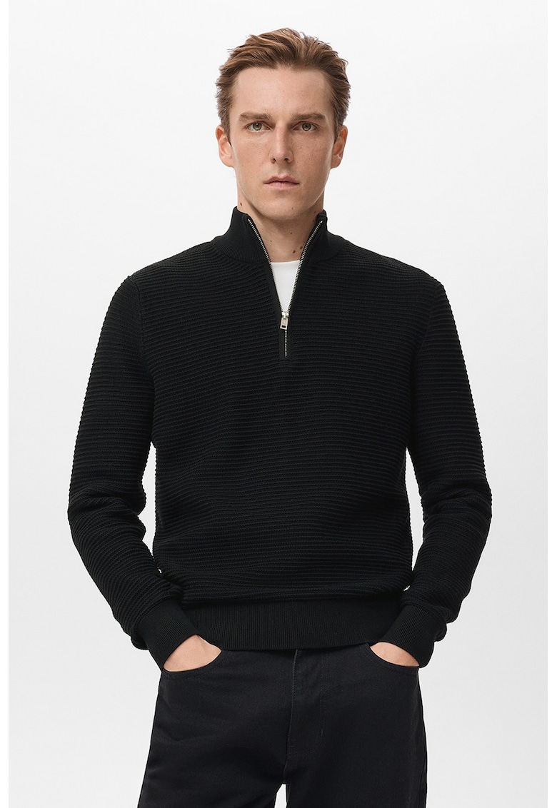 Pulover din bumbac cu fermoar scurt - Negru