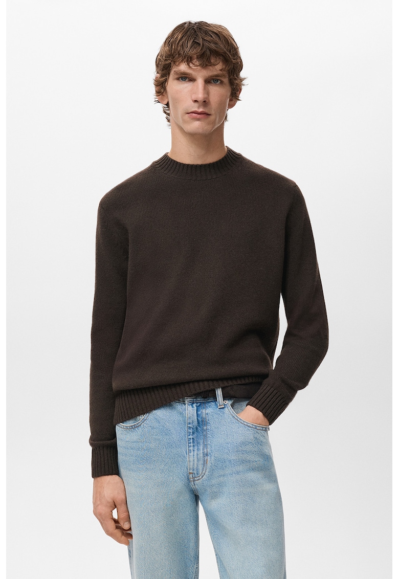 Pulover din lana cu decolteu la baza gatului - Maro inchis