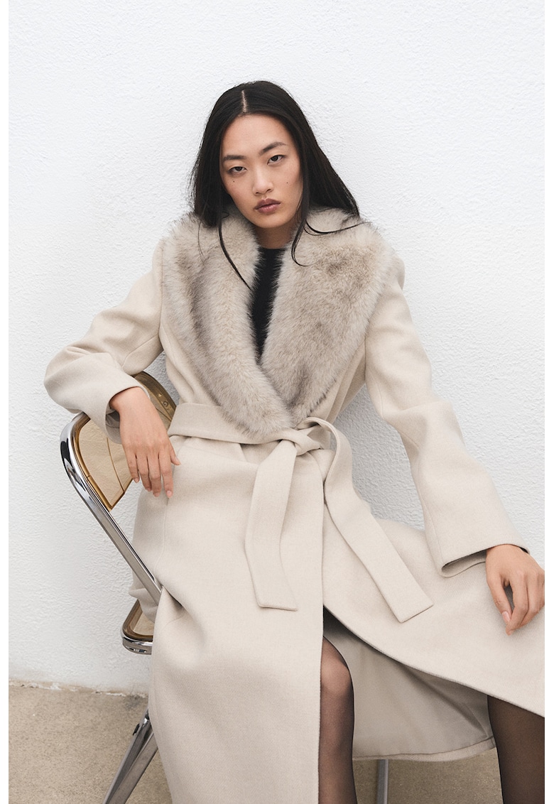 Palton din amestec de lana cu cordon in talie - Bej deschis