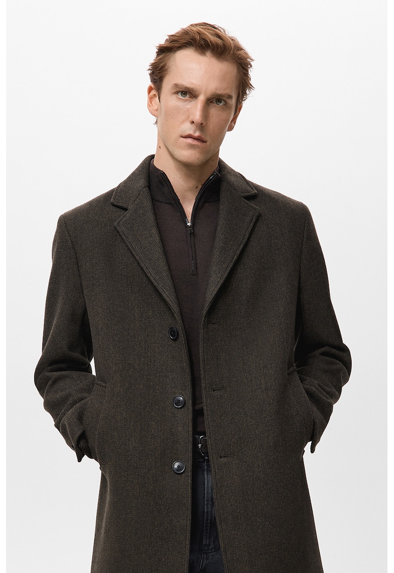 Trenci din amestec de lana cu nasturi - Maro inchis/Negru