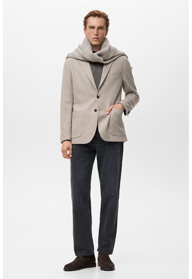 Sacou din amestec de lana cu revere decupate - Bej melange