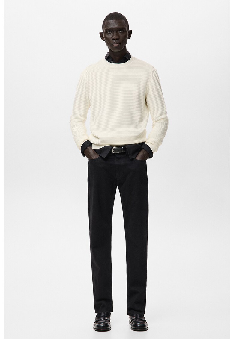 Pulover din bumbac cu decolteu la baza gatului - Crem