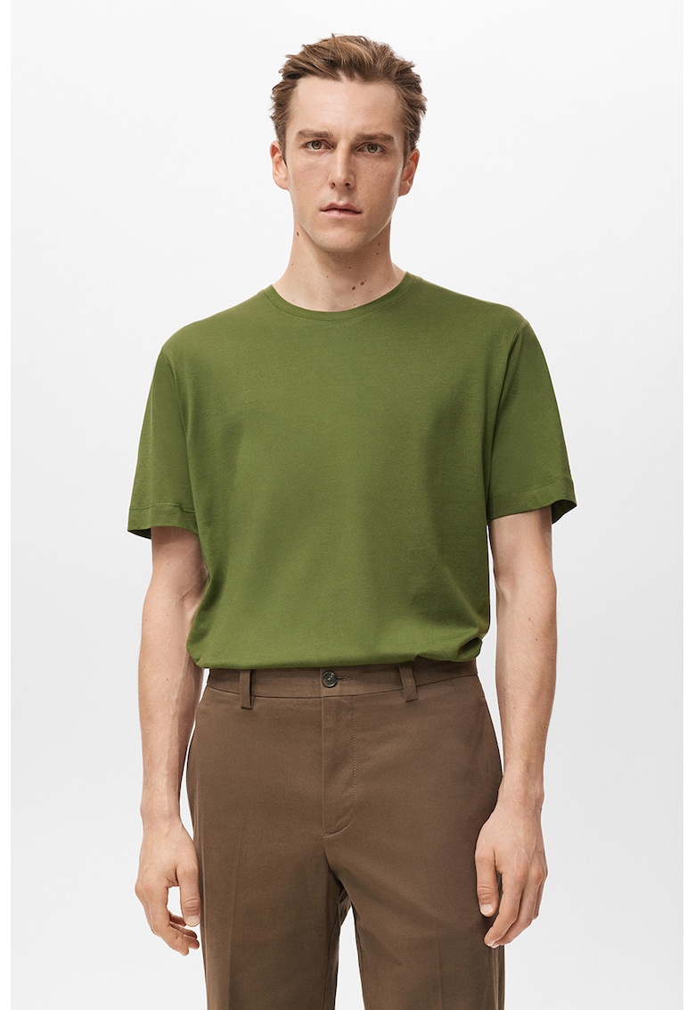 Tricou din bumbac cu decolteu la baza gatului - Verde masliniu