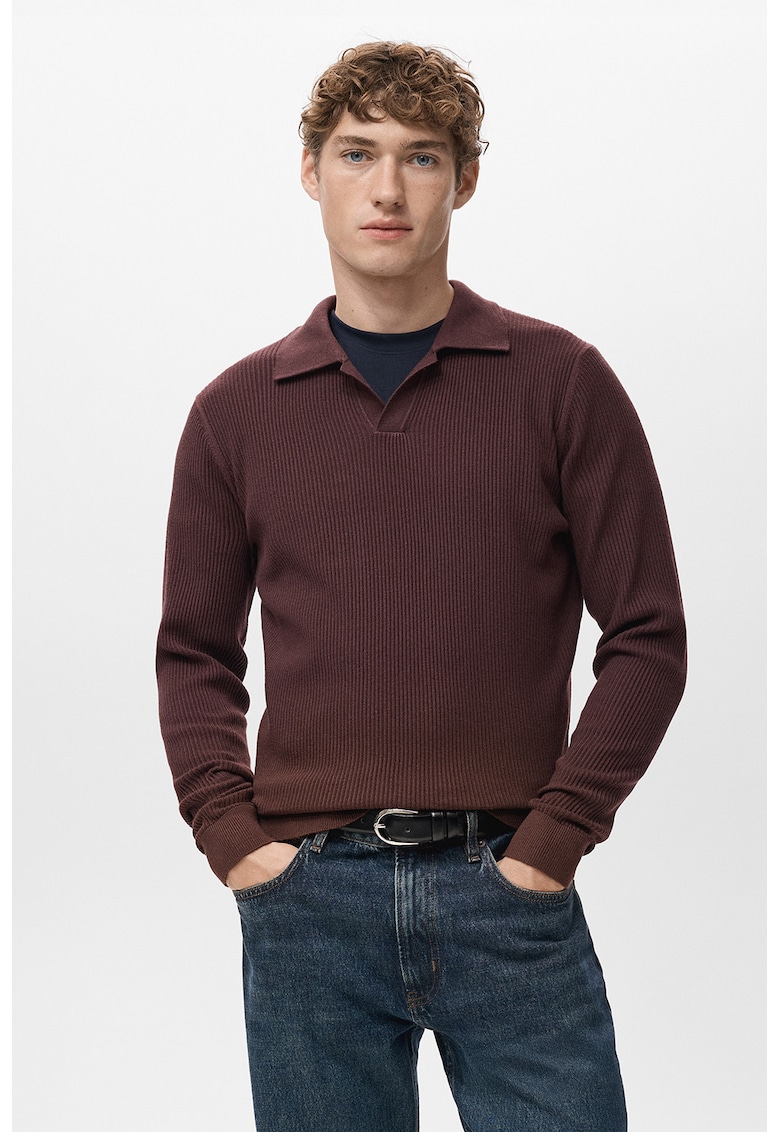 Pulover polo striat din tricot - Maro cognac