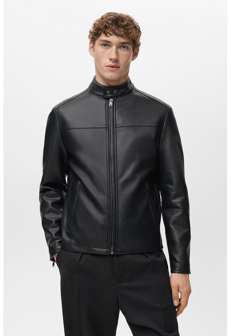 Jacheta biker de piele ecologica cu buzunare cu fermoar - Negru