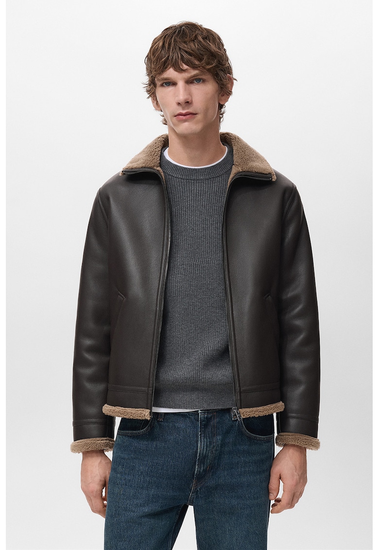 Jacheta de piele ecologica cu captuseala din teddy - Maro inchis