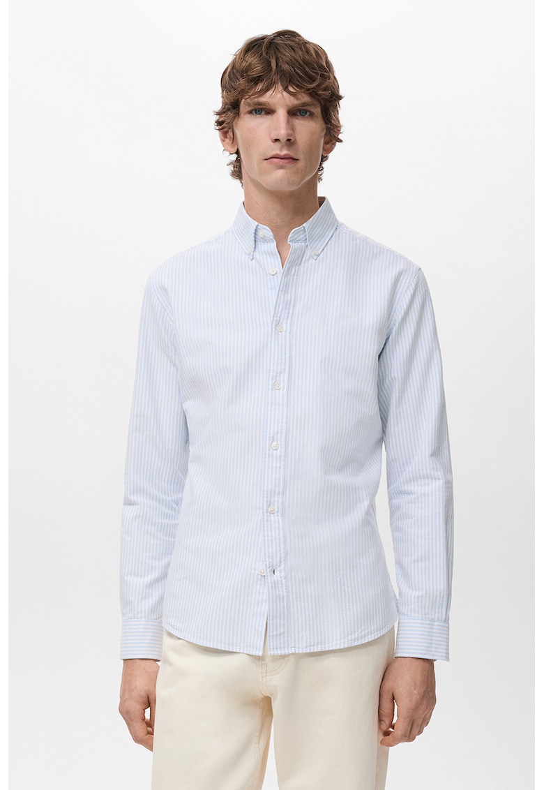 Camasa slim fit cu dungi si guler fixat cu nasturi - Alb/Albastru glaciar
