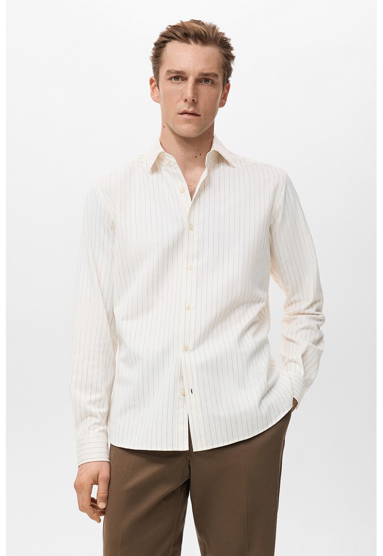 Camasa cu guler fixat cu nasturi si dungi - Alb fildes/Kaki inchis