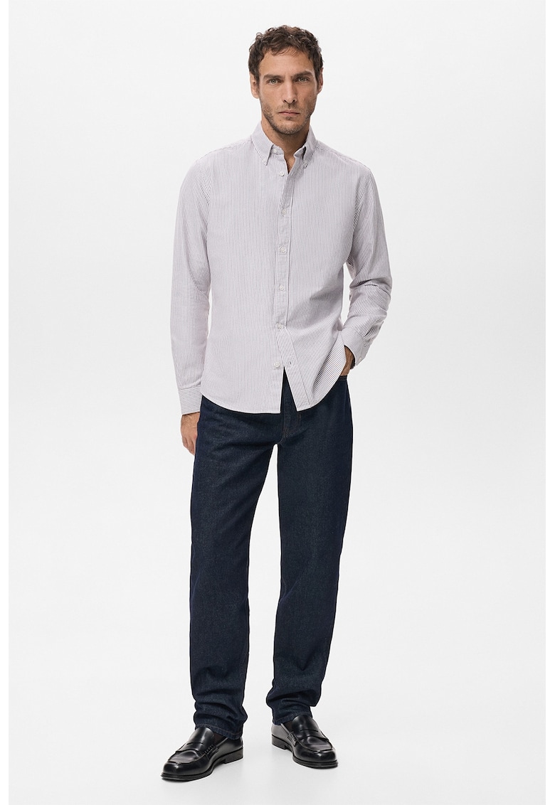 Camasa slim fit cu dungi si guler fixat cu nasturi - Alb
