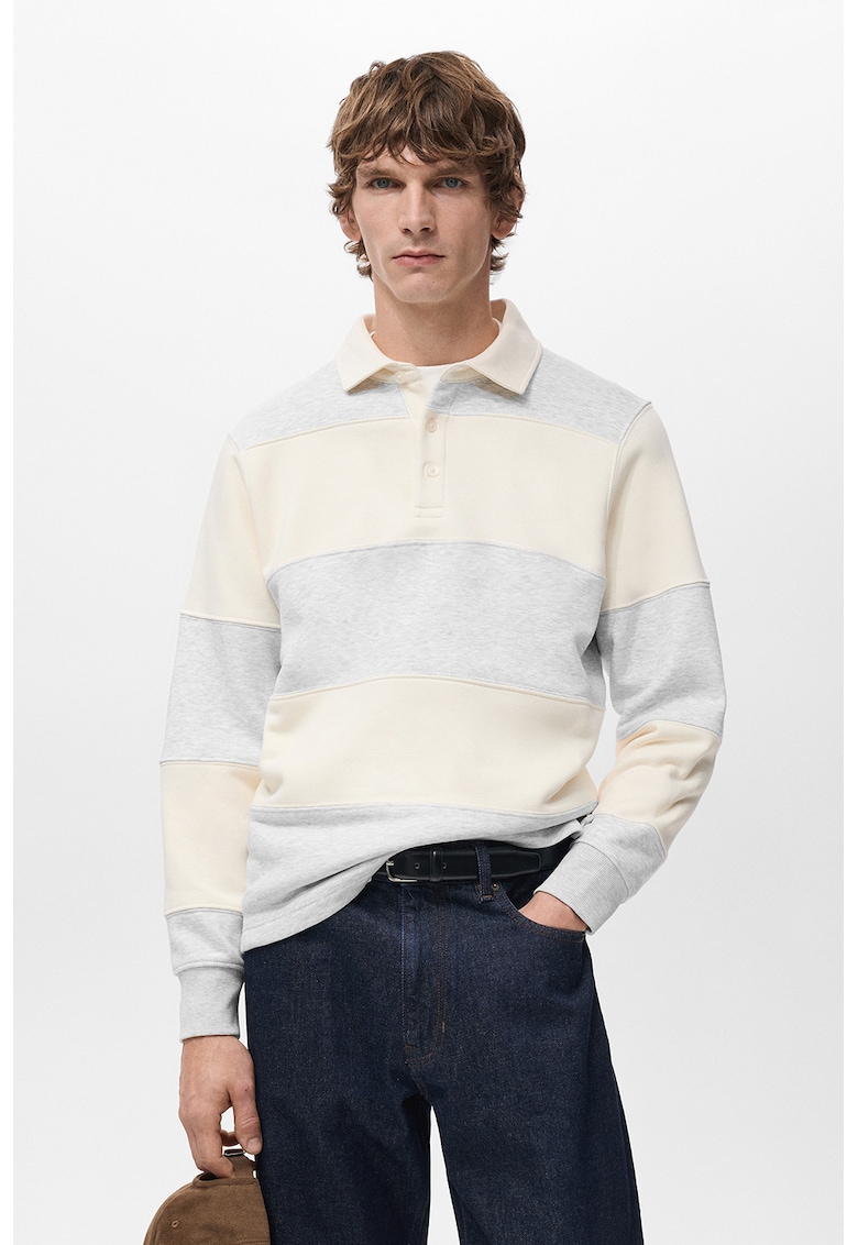 Bluza de trening cu guler polo si dungi - Gri deschis melange/Bej deschis
