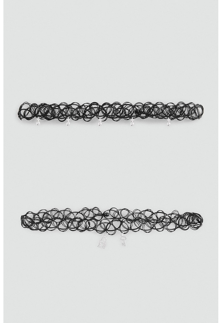 Set de coliere choker cu pandantive variate - 2 piese - Negru/Argintiu