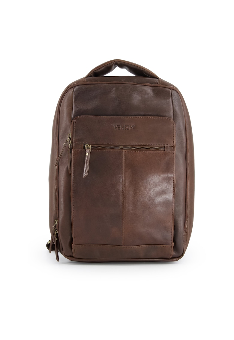 Rucsac din piele cu buzunare cu fermoar