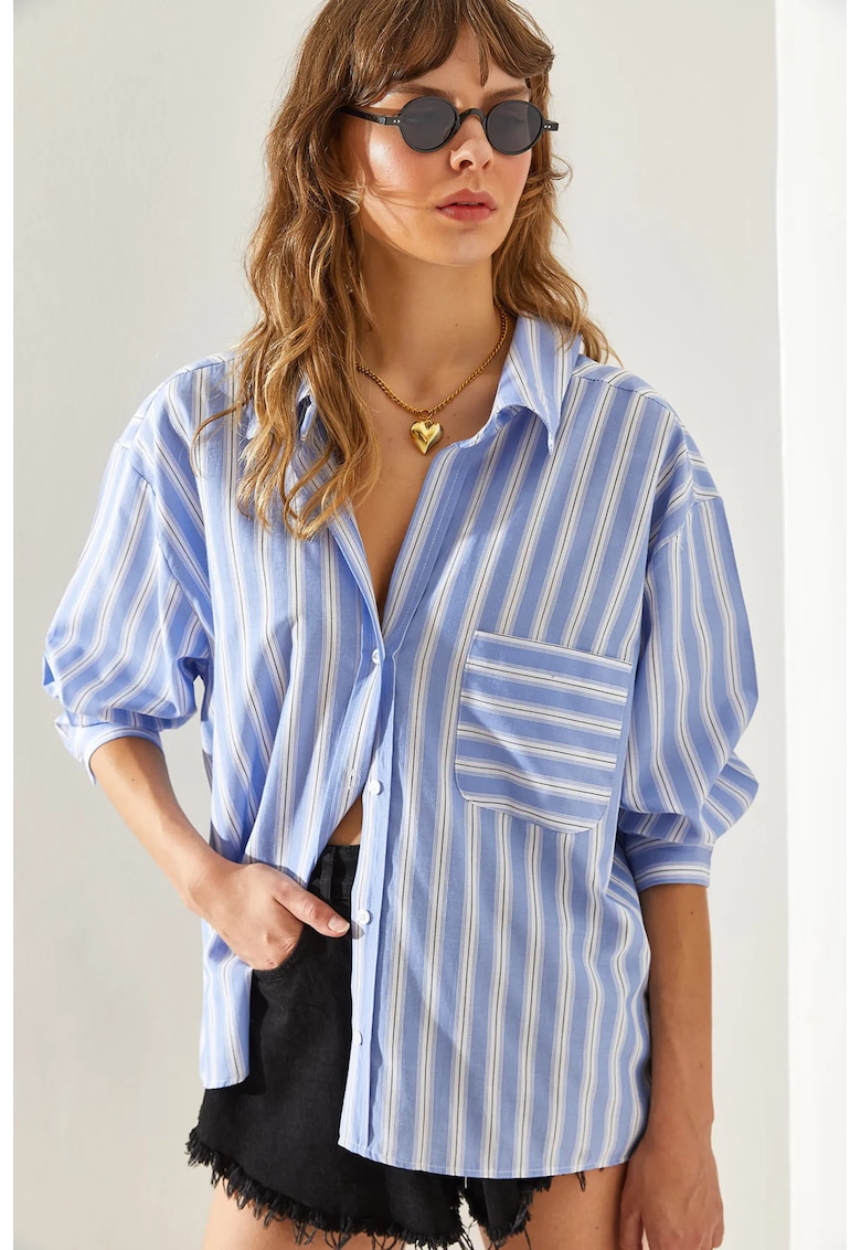 Camasa dama - supradimensionata - cu dungi - albastru - bumbac -