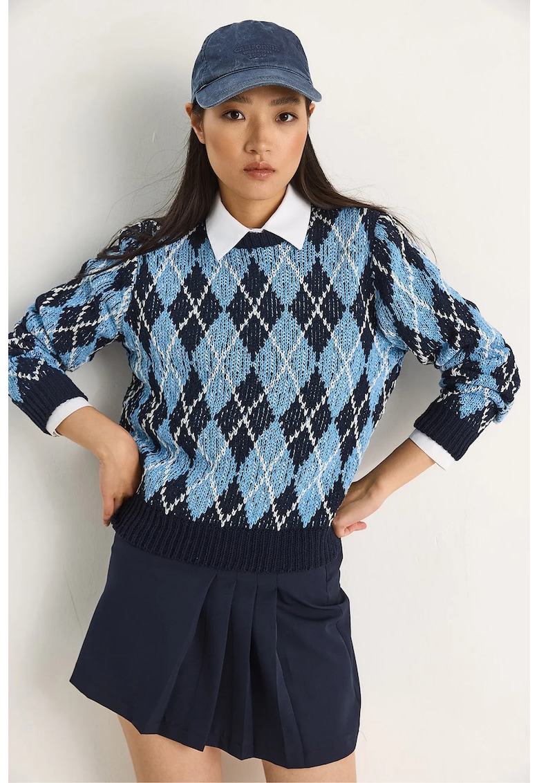 Pulovere - Femei - Pulover tricotat cu guler rotund si model cu romburi LUCCI pentru femei - Albastru marin -