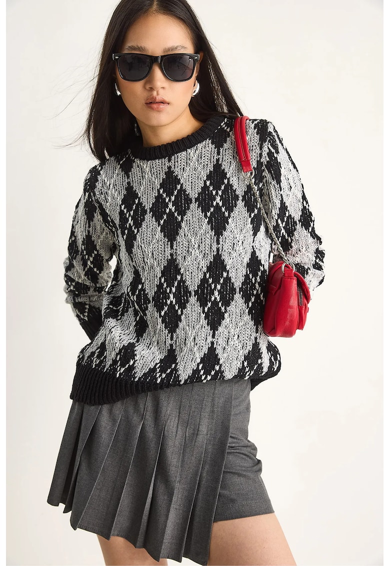 Pulovere - Femei - Pulover tricotat cu guler rotund si model cu romburi LUCCI pentru femei - Negru -