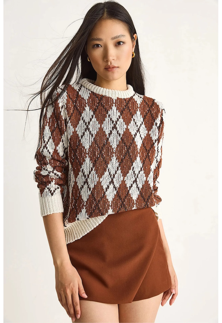 Pulovere - Femei - Pulover tricotat cu guler rotund si model cu romburi LUCCI pentru femei - Fildes Natural -