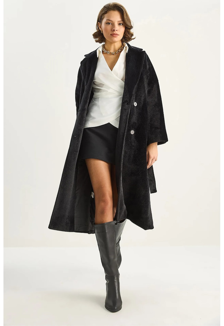 Palton dama negru - fleece - cu nasturi plusati