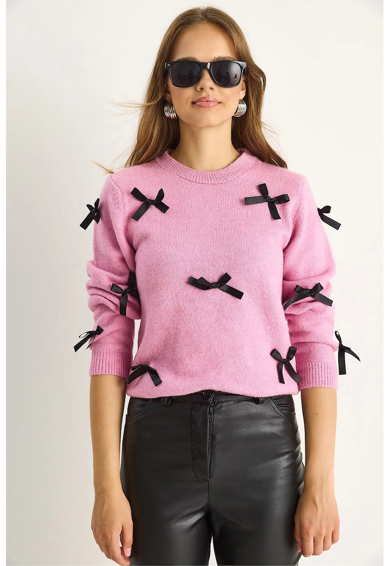 Pulovere - Femei - LUCCI Bow Detailed Crew Neck Sweater - Roz pudrat -