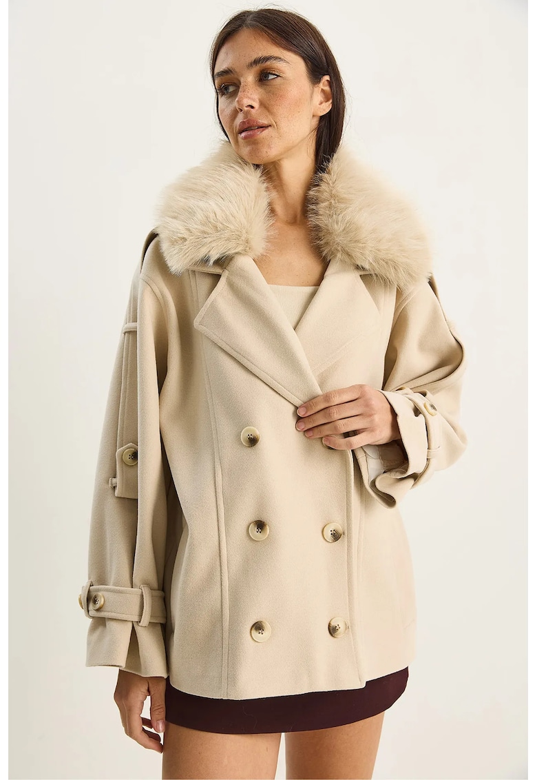 Palton dama amestec de lana - guler din blana artificiala - bej natural