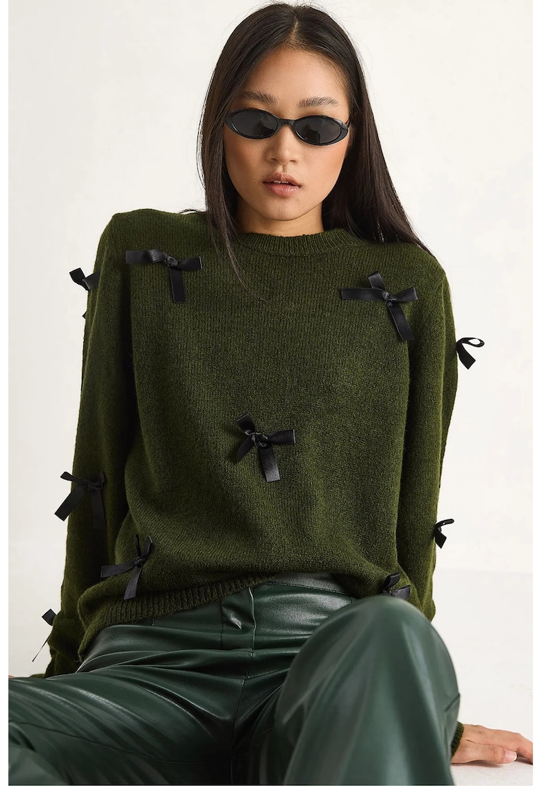 Pulovere - Femei - LUCCI Bow Detailed Crew Neck Sweater - Verde Padure -