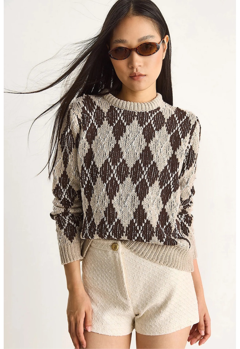 Pulovere - Femei - Pulover tricotat cu guler rotund si model cu romburi LUCCI pentru femei - Piatra naturala -