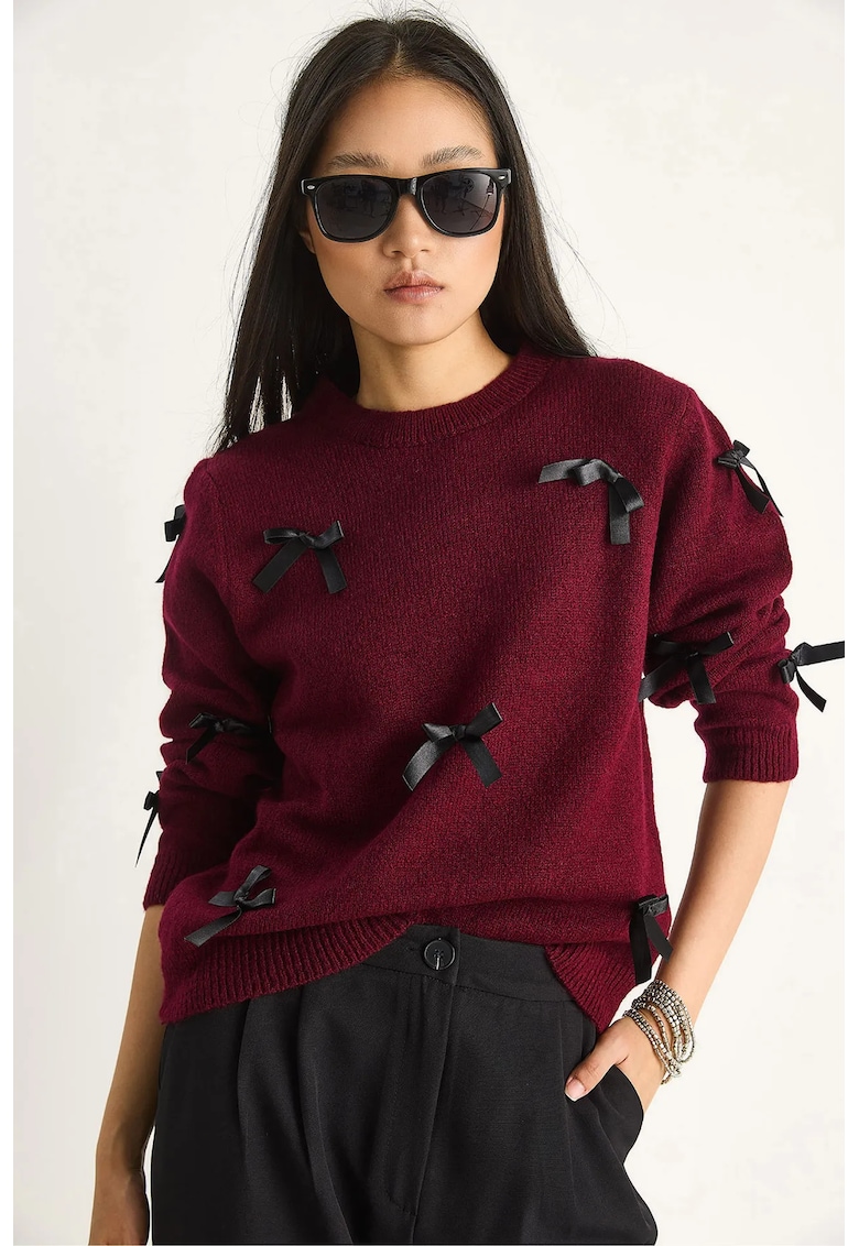 Pulovere - Femei - LUCCI Bow Detailed Crew Neck Sweater - Rosu Burgund -