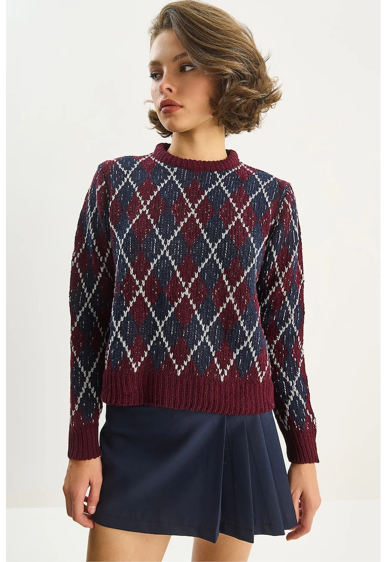 Pulovere - Femei - Pulover tricotat cu guler rotund si model cu romburi LUCCI pentru femei - Multicolor -