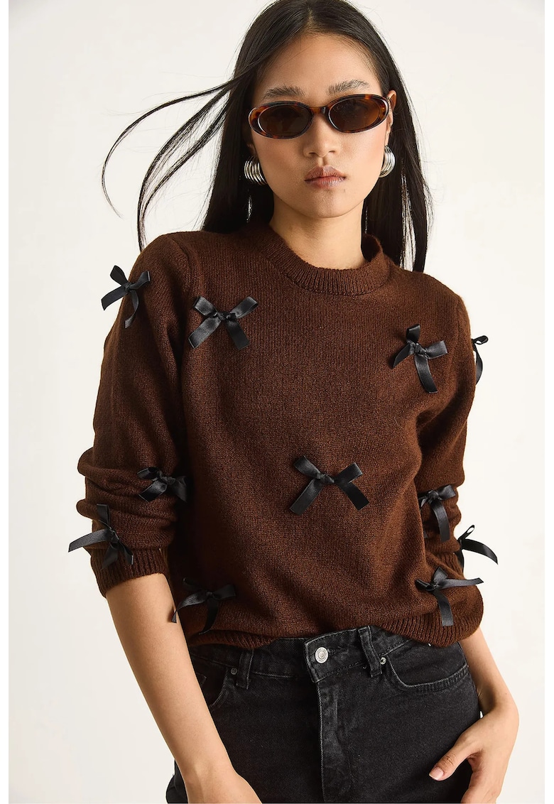 Pulovere - Femei - LUCCI Bow Detailed Crew Neck Sweater - Maro Mocha Inchis -