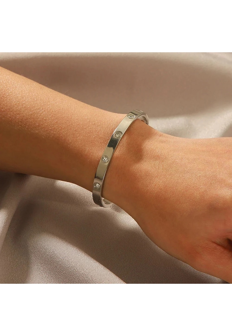 Bratara argintie - din otel inoxidabil - suflata cu aur 18k - tip bangle - cu pietre din zirconiu - Palma C4