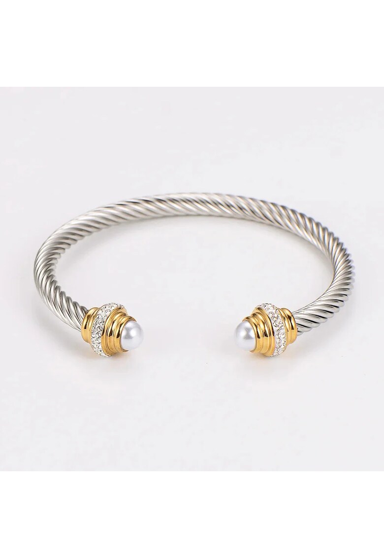 Bratara argintie - din otel inoxidabil - suflata cu aur 18k - tip bangle - cu pietre si perle - Petsy C4