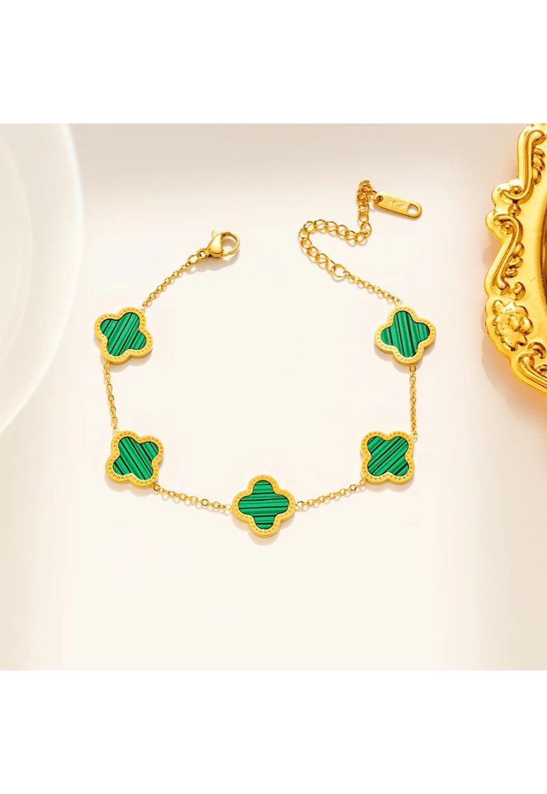 Bratara aurie - din otel inoxidabil - suflata cu aur 18k - cu trifoi verde - Pippa C3