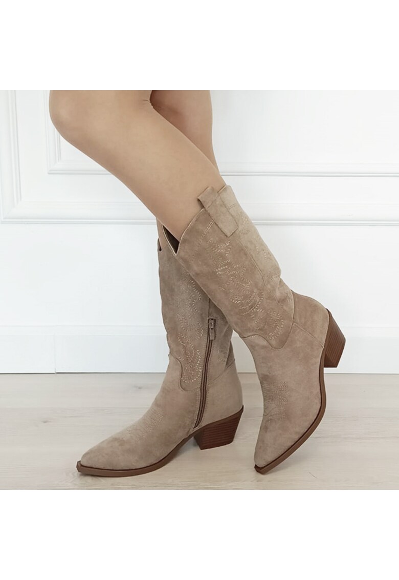 Cizme maro deschis cu broderie 7697A 115 18870 - Maro