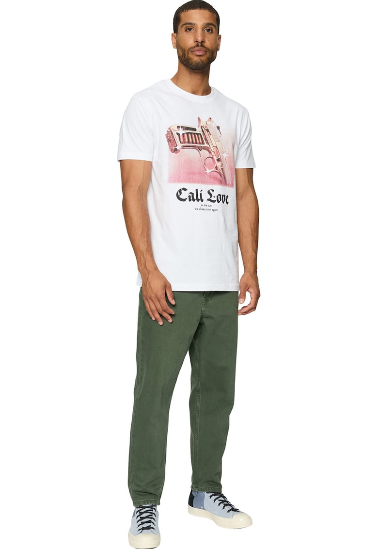 Tricou din bumbac cu decolteu la baza gatului si model grafic - Alb