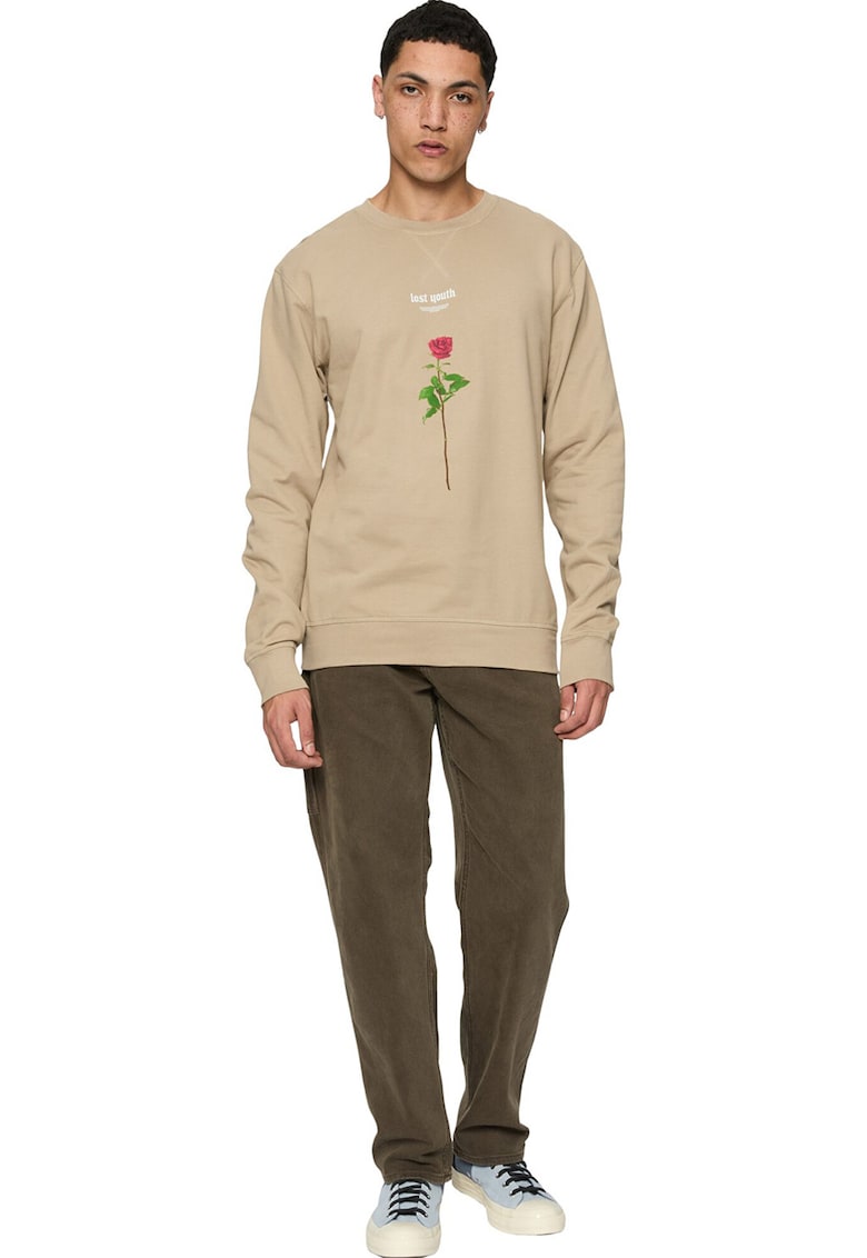 Bluza de trening cu imprimeu si decolteu la baza gatului - Maro nisip