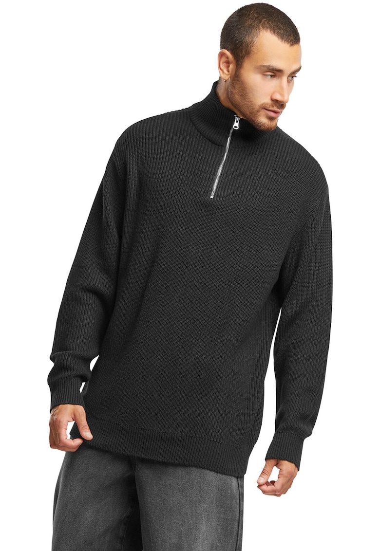 Pulover tricotat cu guler cu fermoar - Negru