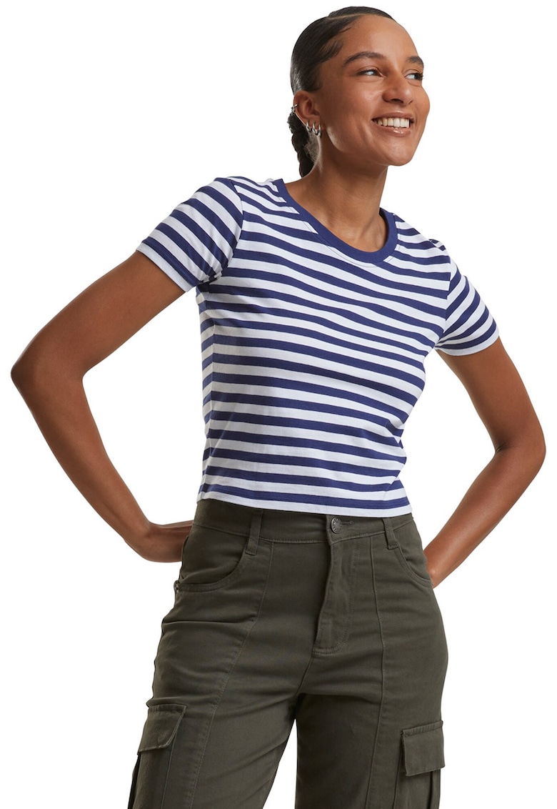 Tricou crop cu model in dungi - Alb/Albastru inchis