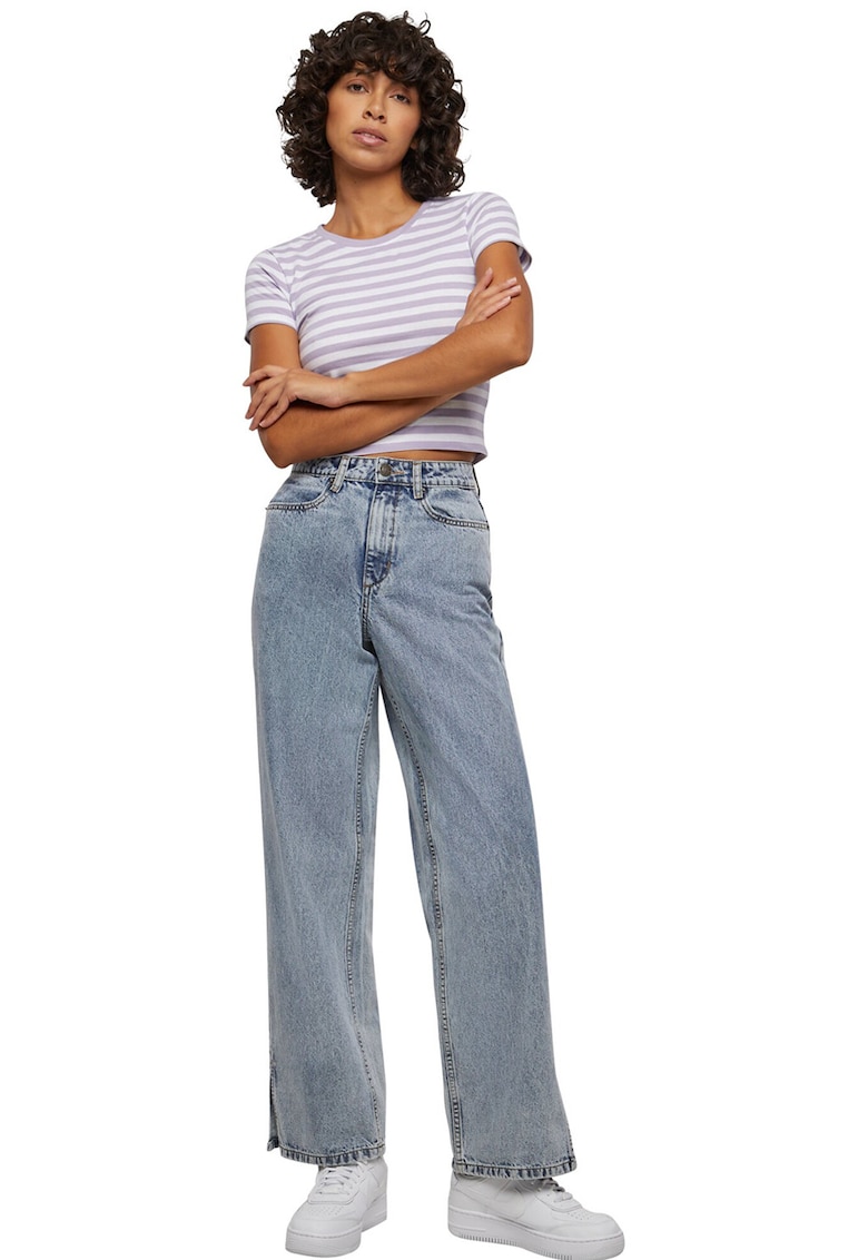 Tricou crop cu model in dungi - Alb/Lila pal