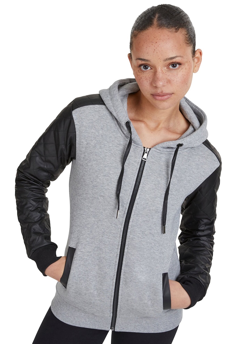 Hanorac cu fermoar si garnituri din piele sintetica