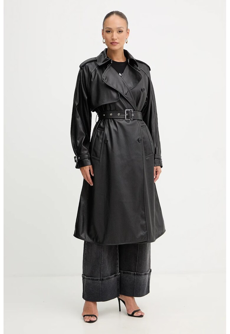 Trenci din piele ecologica cu revere decupate si curea in talie - Negru