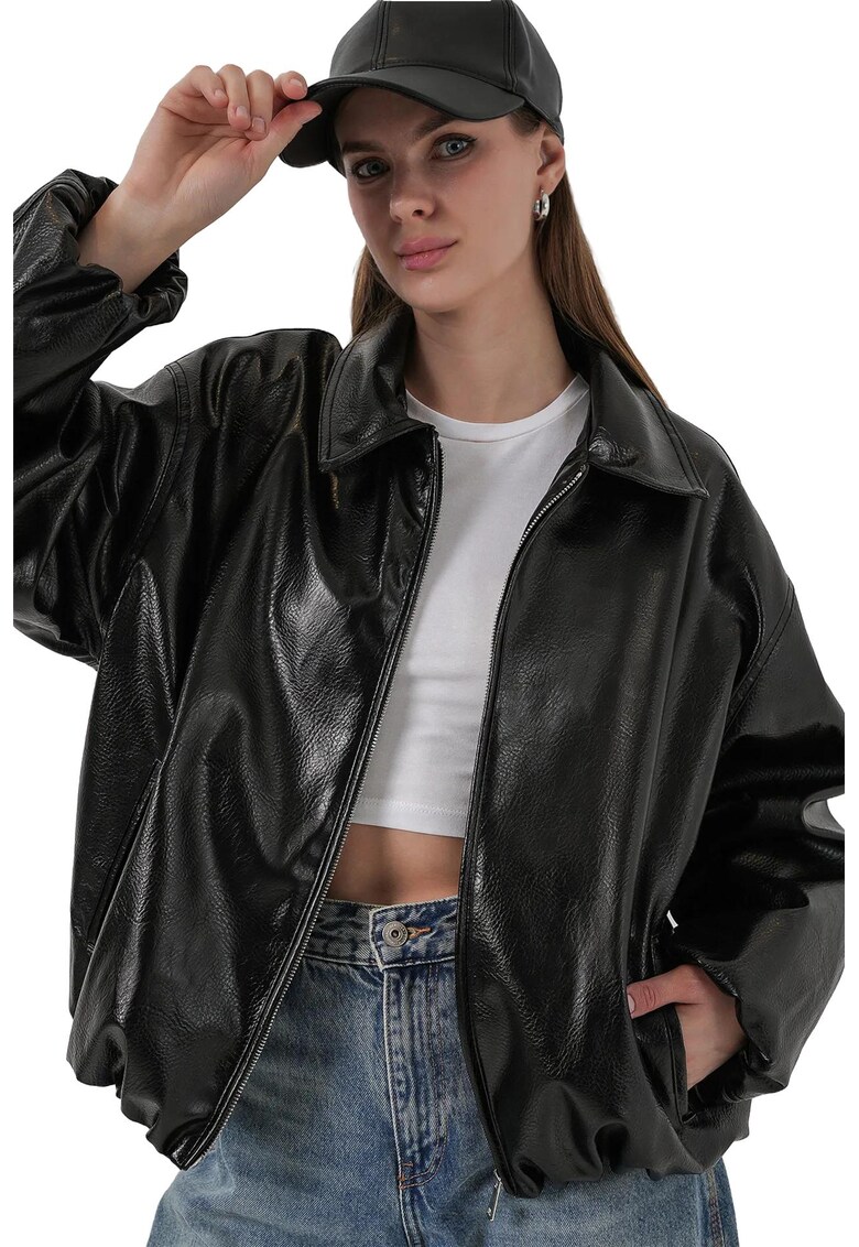 Geaca dama BigDart supradimensionata din imitatie de piele - neagra - textil