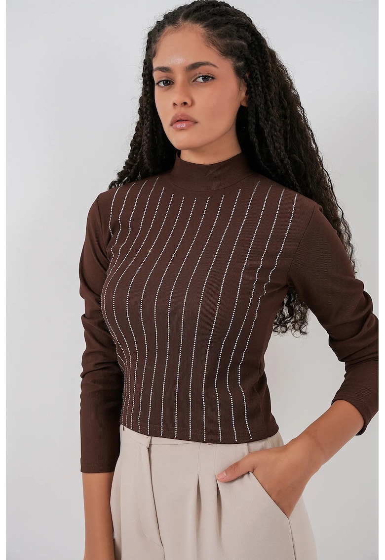 Bluza dama - Top cu maneca lunga - dungi - detalii din pietre - maro mocha - jerseu -