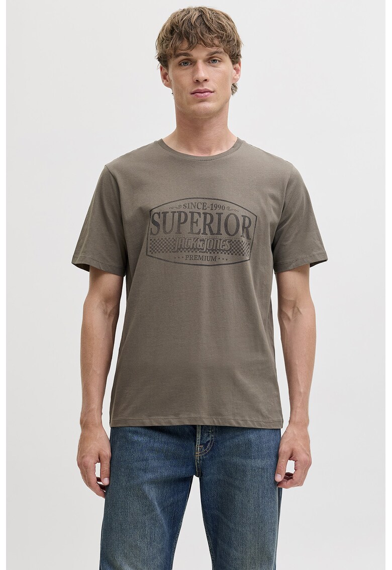 Tricou de bumbac cu imprimeu si decolteu la baza gatului - Maro taupe