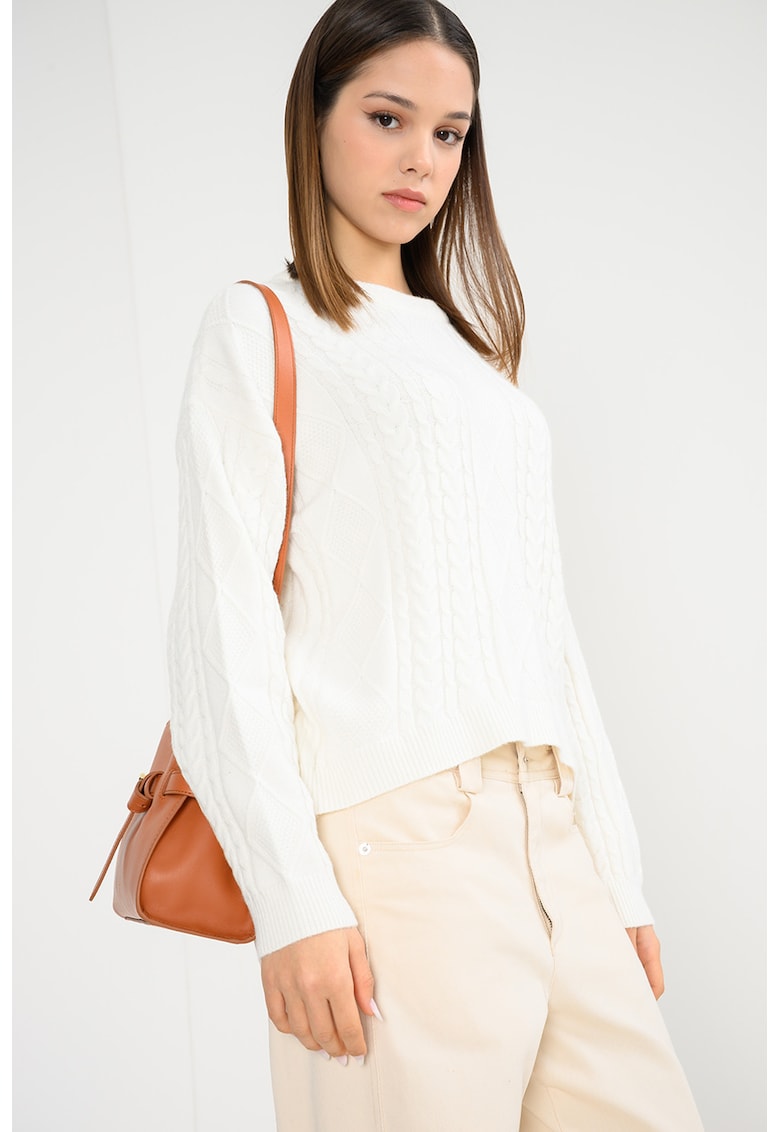 Pulover cu decolteu la baza gatului si model torsade - Alb murdar